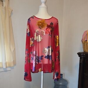 Red and Orange Sheer Blouse with Vibrant Floral Design